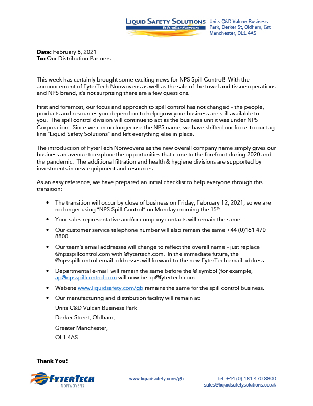 Liquid Safety Solutions Distribution Partner Letter