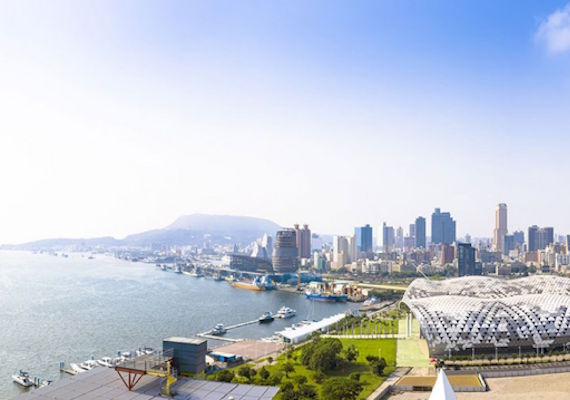 overlooking a city with a port